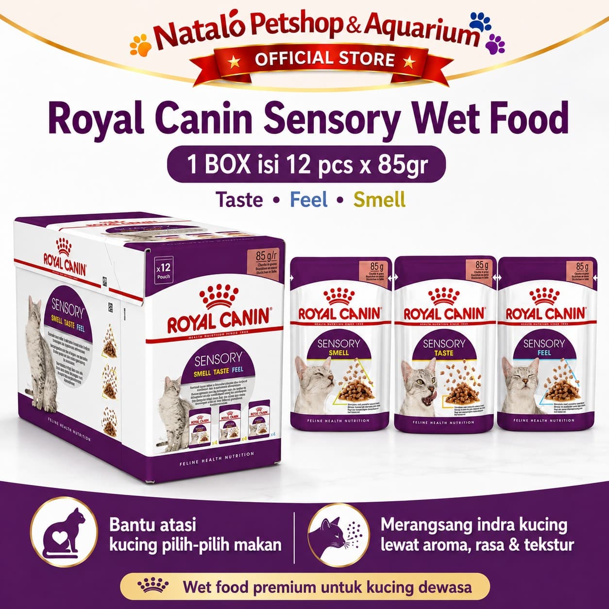 Royal Canin Sensory Feel - Taste - Smell Pouch Wet Food 1 BOX isi (12pcs X 85gr) - Makanan Basah Saset Kucing - gambar 1