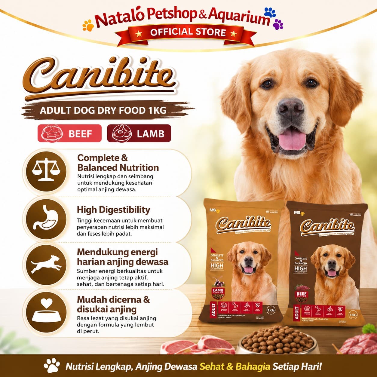 Canibite Adult Dry Dog Food Beef / Lamb 1KG - Makanan Kering Anjing Dewasa 1 KG - gambar 2