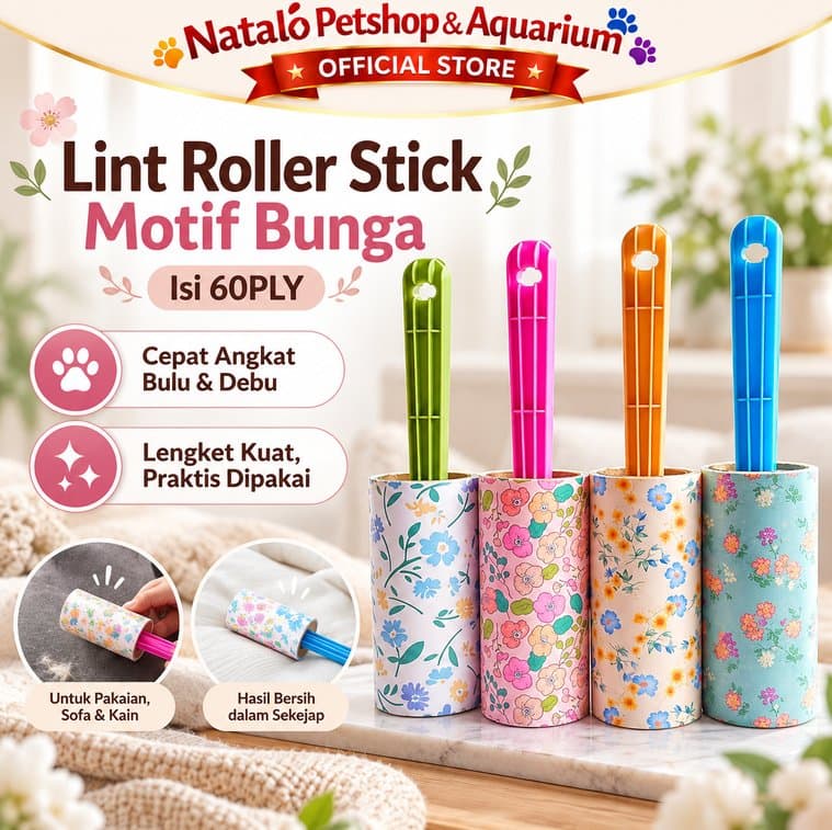 Lint Roller Stick Motif Bunga 60PLY Pembersih Bulu Kucing Anjing Debu Pakaian Sofa Kasur Roll Perekat - gambar 1