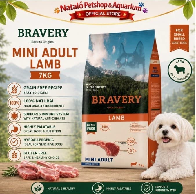 Bravery Mini Adult LAMB 7KG Makanan Anjing Small Breed Adult Dog Food Super Premium Pelet - gambar 1
