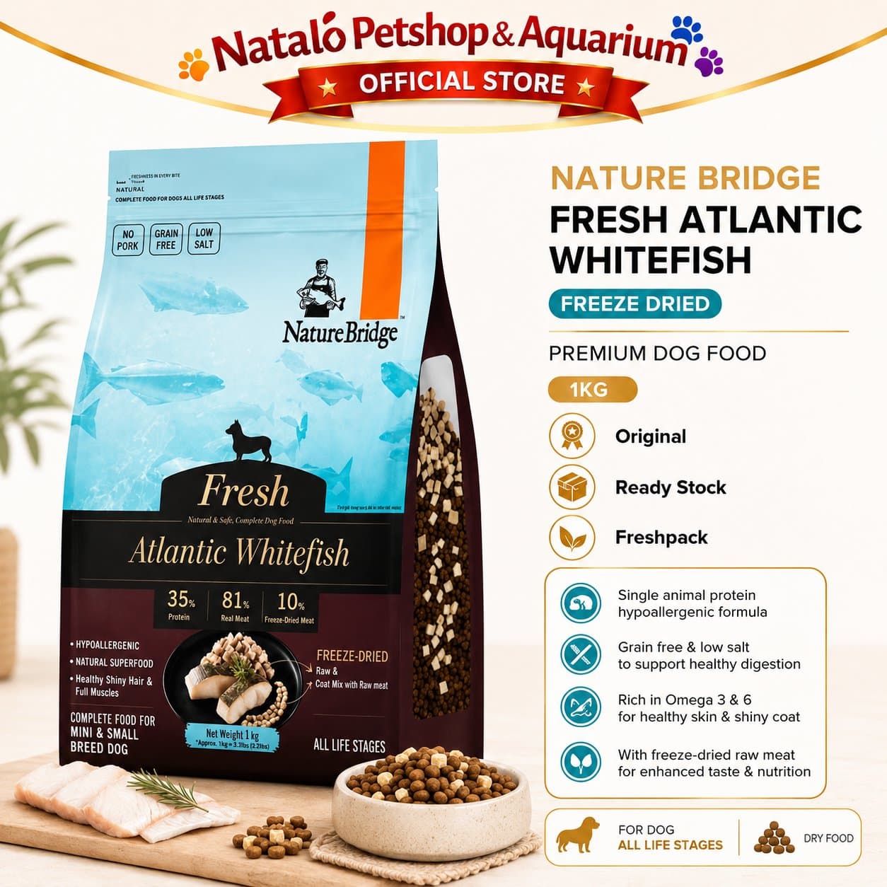 Nature Bridge Fresh Atlantic Whitefish with Freeze Dried 1KG All Life Stages Dog Food - Makanan Anjing Semua Umur Super Premium 1 KG - gambar 1