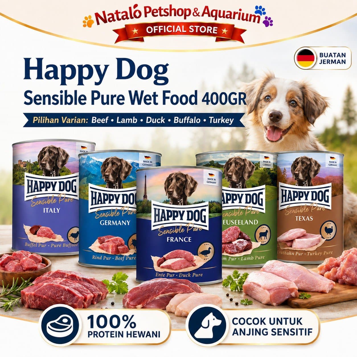 Happy Dog Sensible Pure Canned Adult Dog Wet Food 400GR - Makanan Basah Anjing Dewasa 400 GR - Germany / Neuseeland / Texas / France / Italy - Beef / Lamb / Turkey / Duck / Buffalo - gambar 1