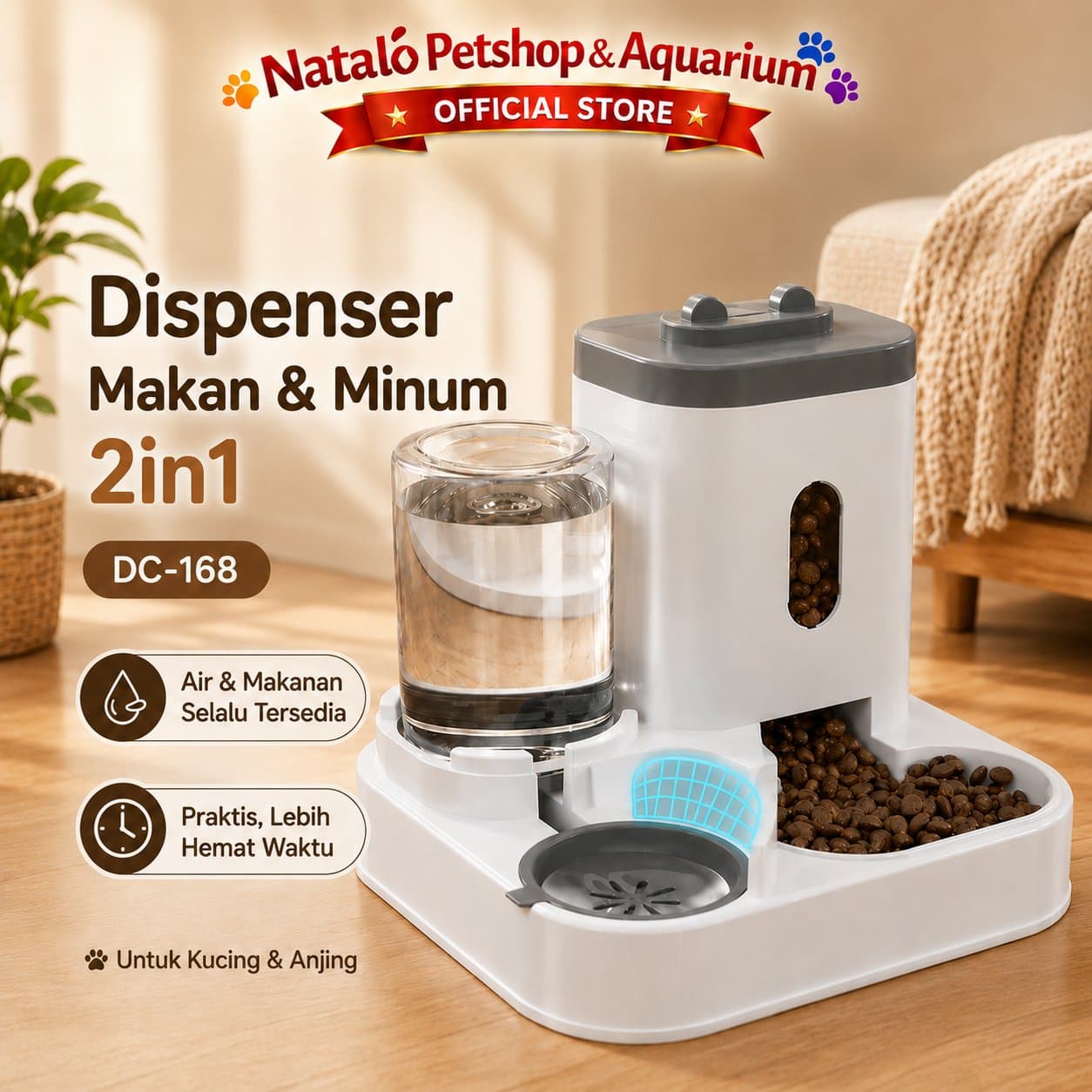 Dispenser 2in1 DC 168 - Tempat Makan Minum Hewan Peliharaan Kucing Anjing Pet Food Water