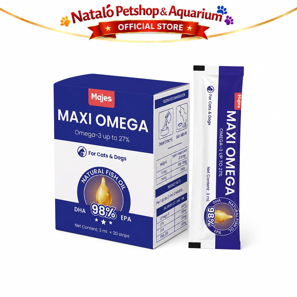 Majes Maxi Omega Natural Fish Oil Pet Supplements - Minyak Ikan Super Premium untuk Kucing dan Anjing 1box isi 20Sachet - gambar 6