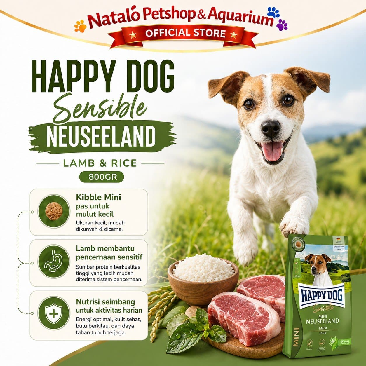 Happy Dog Sensible Mini Neuseeland Lamb 800GR Small Breed Adult Dog Food - Makanan Anjing Dewasa Rasa Domba Ras Mini Irland Super Premium 800 GR - gambar 2