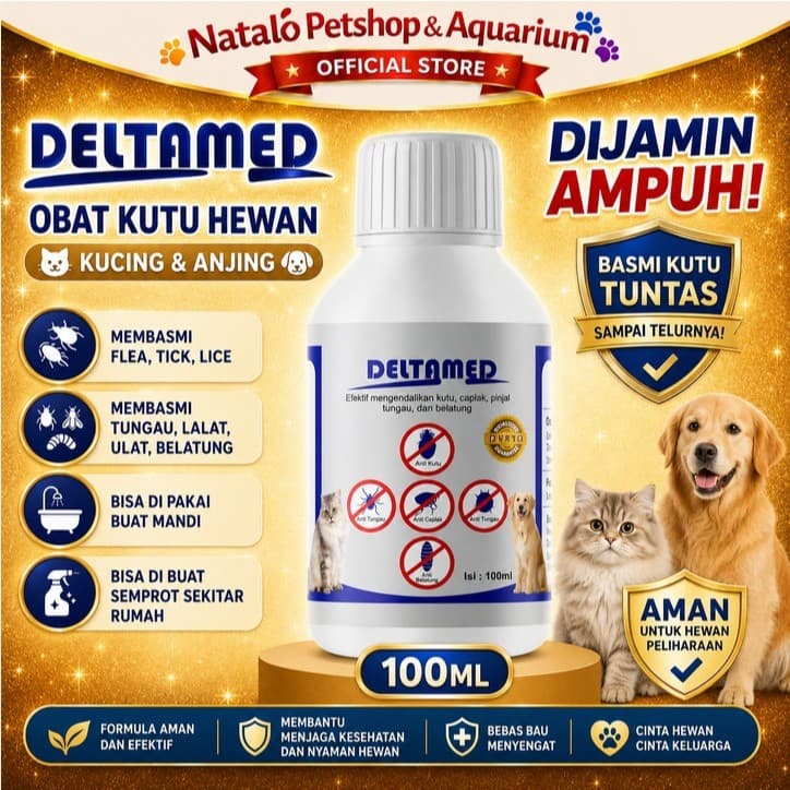 DELTAMED 100 ML Cairan Obat Kutu Hewan Kucing Anjing Mandi Semprot 100ML Cat Dog Flea Mite - gambar 1