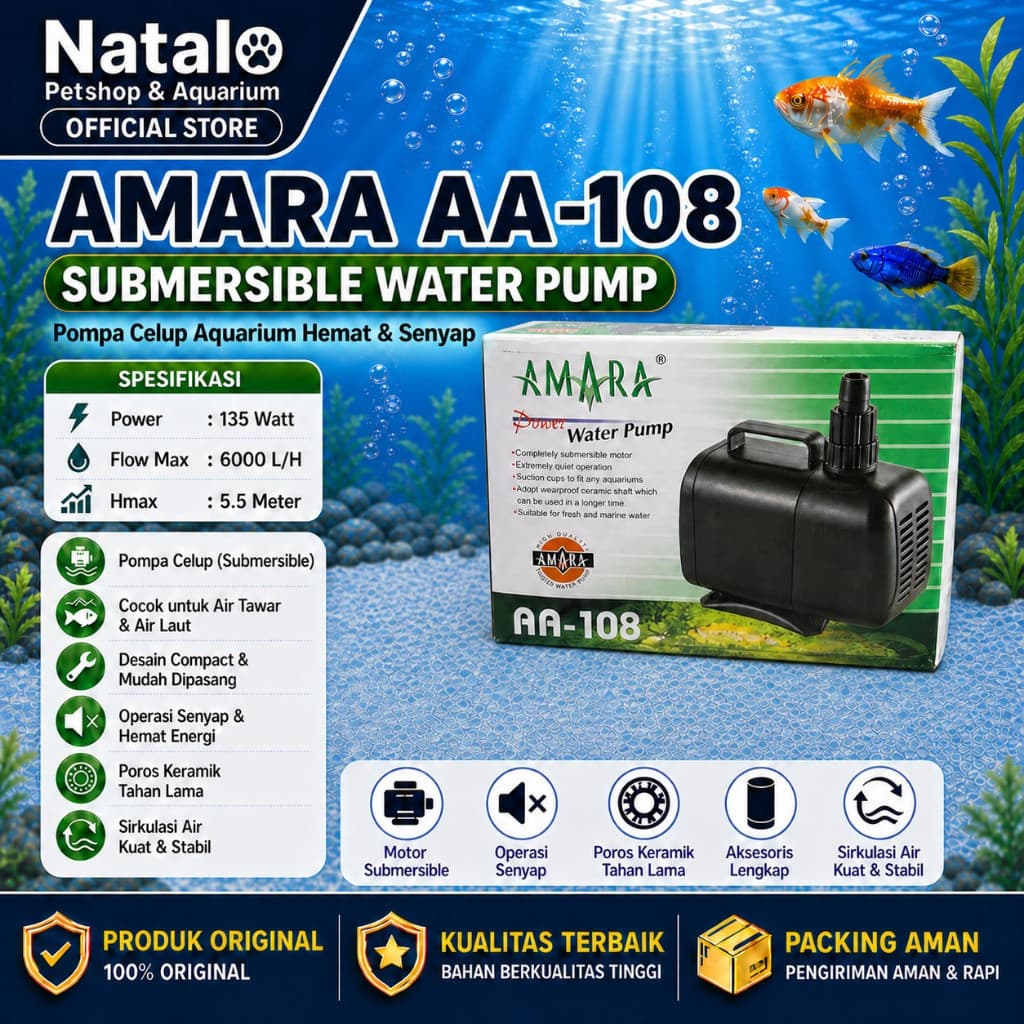 AMARA AA-108 Submersible Water Pump - Mesin Pompa Filter Aquarium Kolam Hidroponik AA 108 - gambar 1