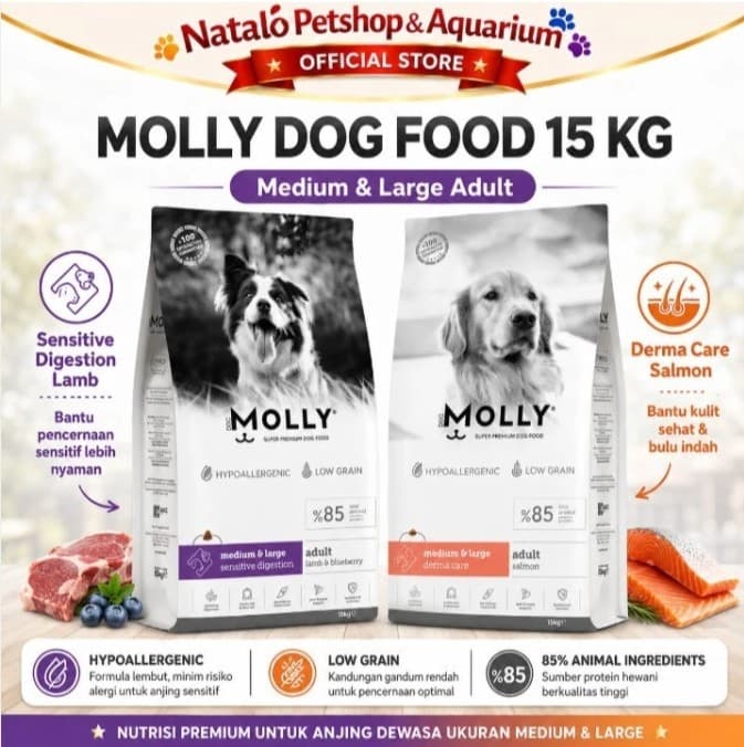 Molly Dog Food 15KG Super Premium Medium Large Adult Derma Care Hair Skin / Sensitive Digestion