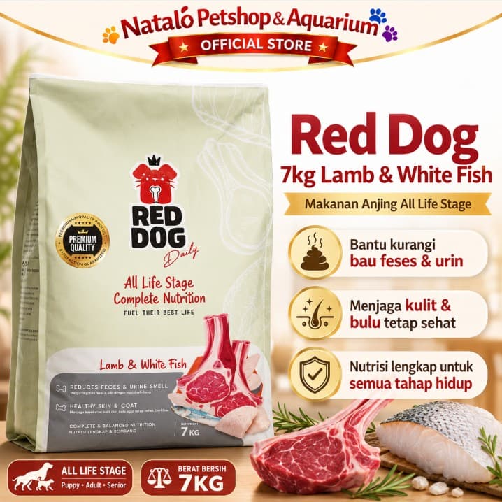 Red Dog 7KG Lamb & White Fish All Life Stages Complete Nutrition Dry Food Reddog 7 KG All Life Stages and Breed Small Medium Large Puppy Adult Segala Usia dan Ras - gambar 1
