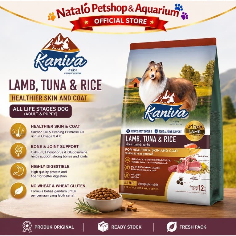 Kaniva Dog Lamb Tuna & Rice 12KG Dry Food - Skin Coat All Life Stages - Premium Makanan Anjing Kering rasa Domba Segala Usia - gambar 1