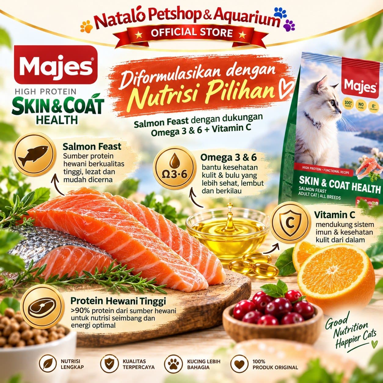 MAJES High Protein Skin & Coat Health Salmon Feast Adult Dry Cat Food 400GR / 1.2KG - Hair Skin Care - Makanan Kucing Dewasa untuk Kesehatan Bulu dan Kulit 400 GR / 1.2 KG - gambar 4