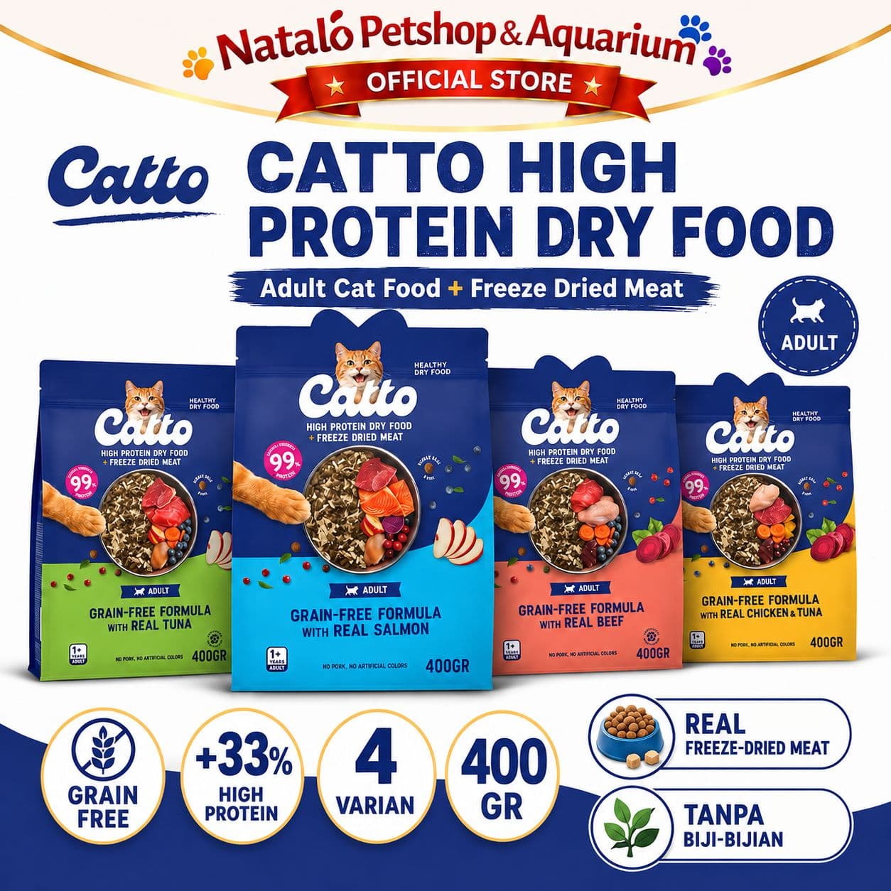 Catto High Protein Dry Adult Cat Food + Freeze Dried Meat Grain Free Formula 400GR - Makanan Kering Kucing Dewasa Premium 400GR - gambar 1