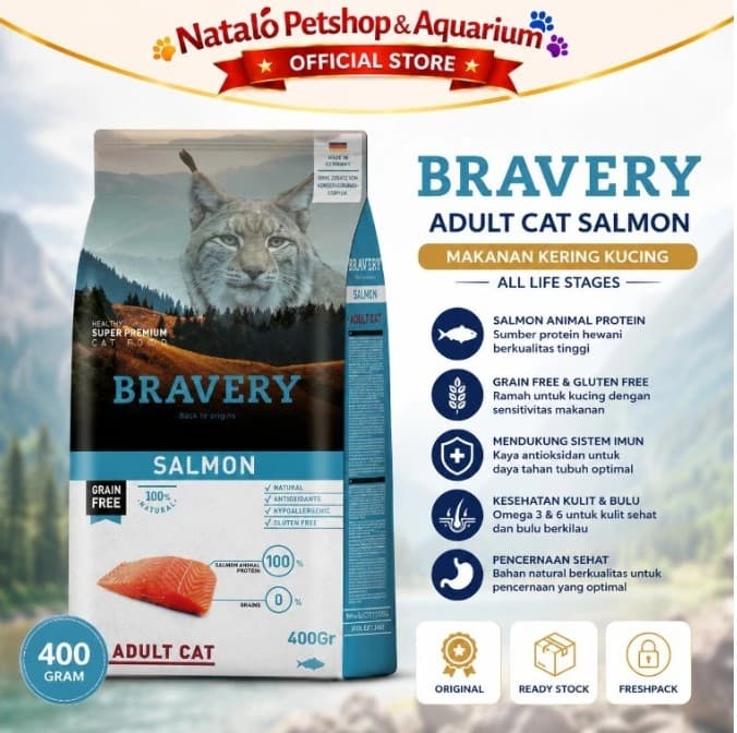 Bravery Adult Cat Salmon 400GR Dry Cat Food Makanan Kering Kucing Dewasa Super Premium - gambar 1