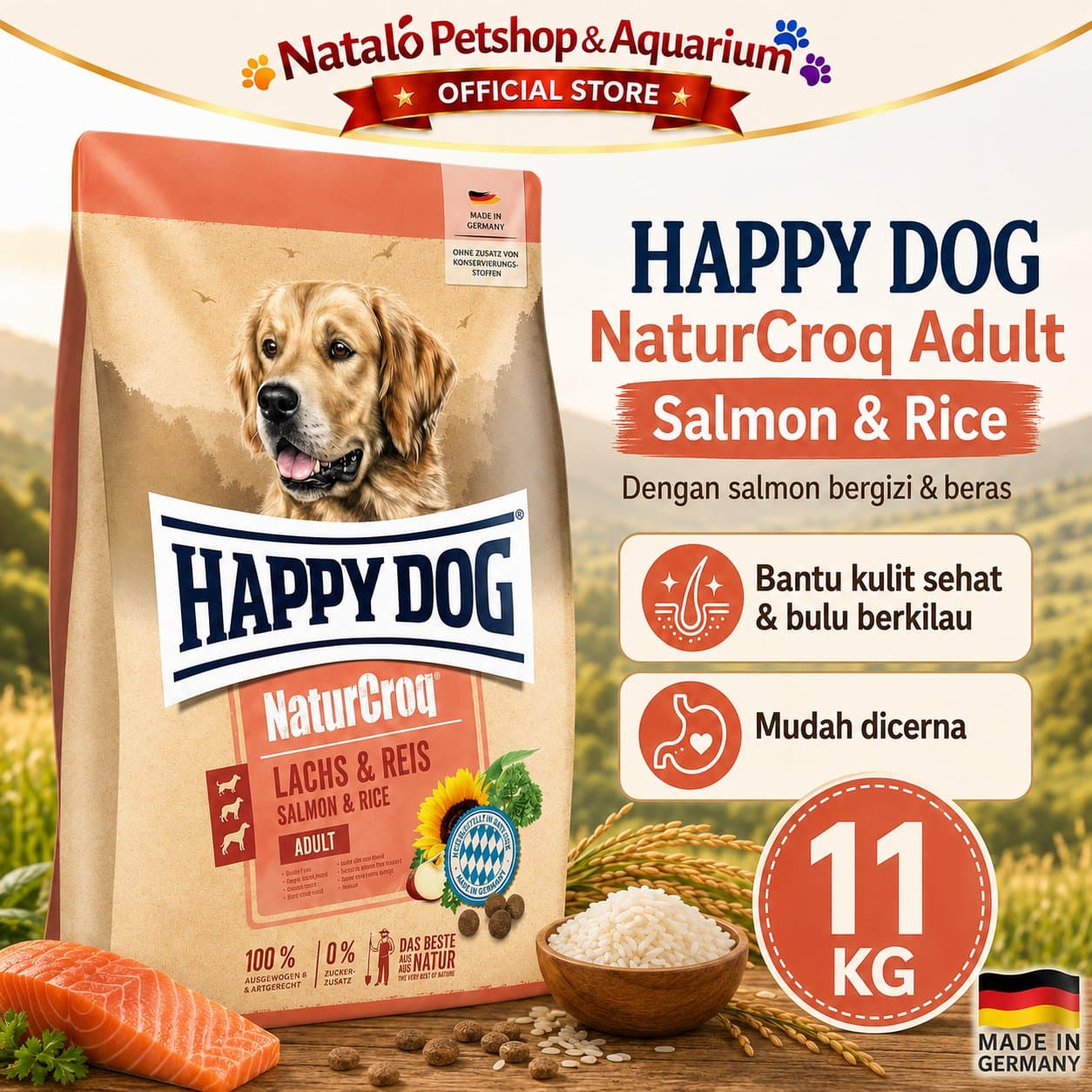 Happy Dog NaturCroq Salmon & Rice 11KG Medium Large Breed Adult Dog Food - Makanan Anjing Dewasa Ras Besar Premium 11 KG - gambar 1