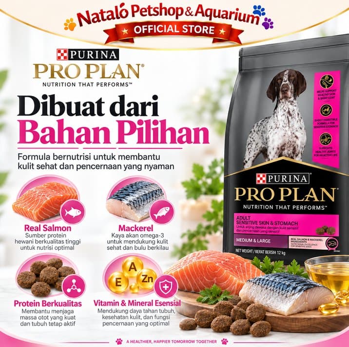 PRO PLAN Sensitive Skin Stomach 12KG Medium & Large Breed Adult Dog Food / Salmon & Mackerel Formula - Makanan Anjing Dewasa PROPLAN Ras Sedang Besar untuk Kulit dan Pencernaan 12 KG - gambar 4