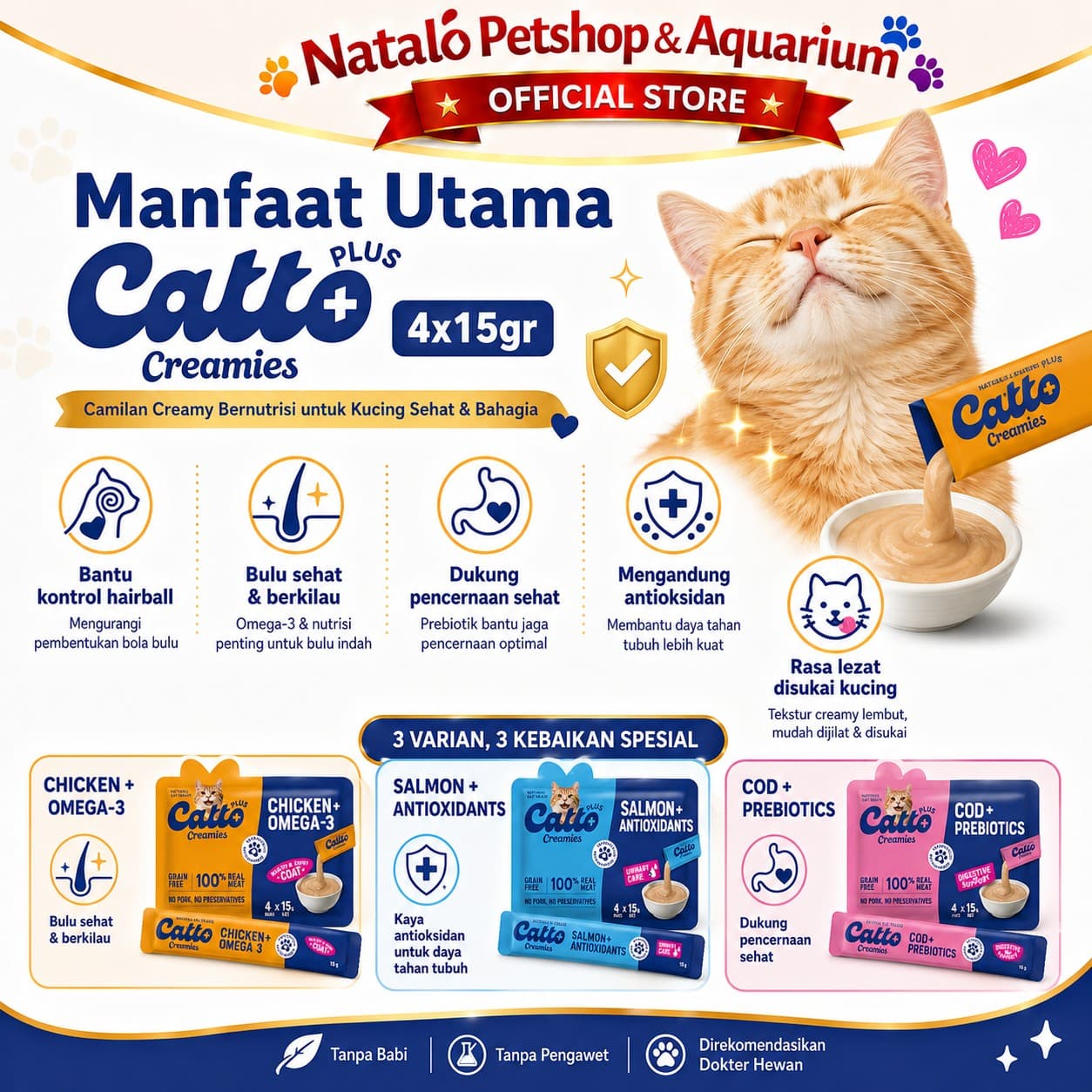 Catto Plus Creamies Chicken + Omega 3 / Salmon + Antioxidant / Cod + Prebiotics 4x15gr -Snack Camilan Kucing Premium - gambar 2
