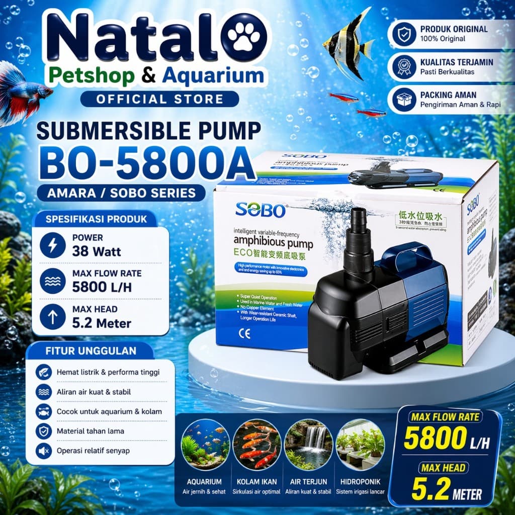 AMARA / SOBO BO-5800A Amphibious Pump - Mesin Pompa Kolam Aquarium Hidroponik Amphibi BO 5800A - gambar 1