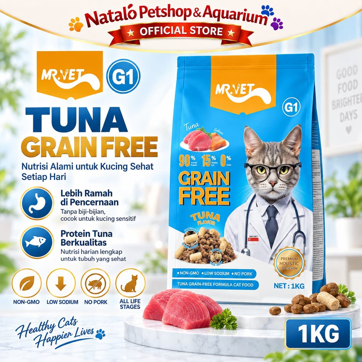 Mr. Vet G1 Tuna Grain Free 1KG All Life Stages Holistic Dry Cat Food - Makanan Kucing Kering MR.Vet Segala Usia 1 KG - gambar 1