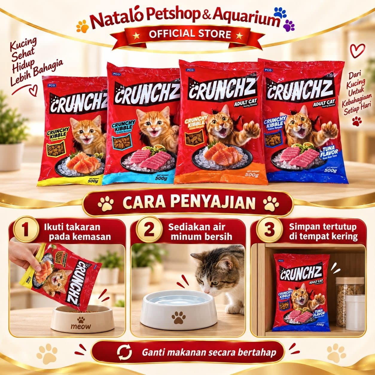 CRUNCHZ 500GR Dry Adult & Kitten Cat Food 500 GR Makananan Kucing Kering Dewasa Anak Murah Salmon Tuna Crunch Kibble Pelet Pakan Stray - gambar 2