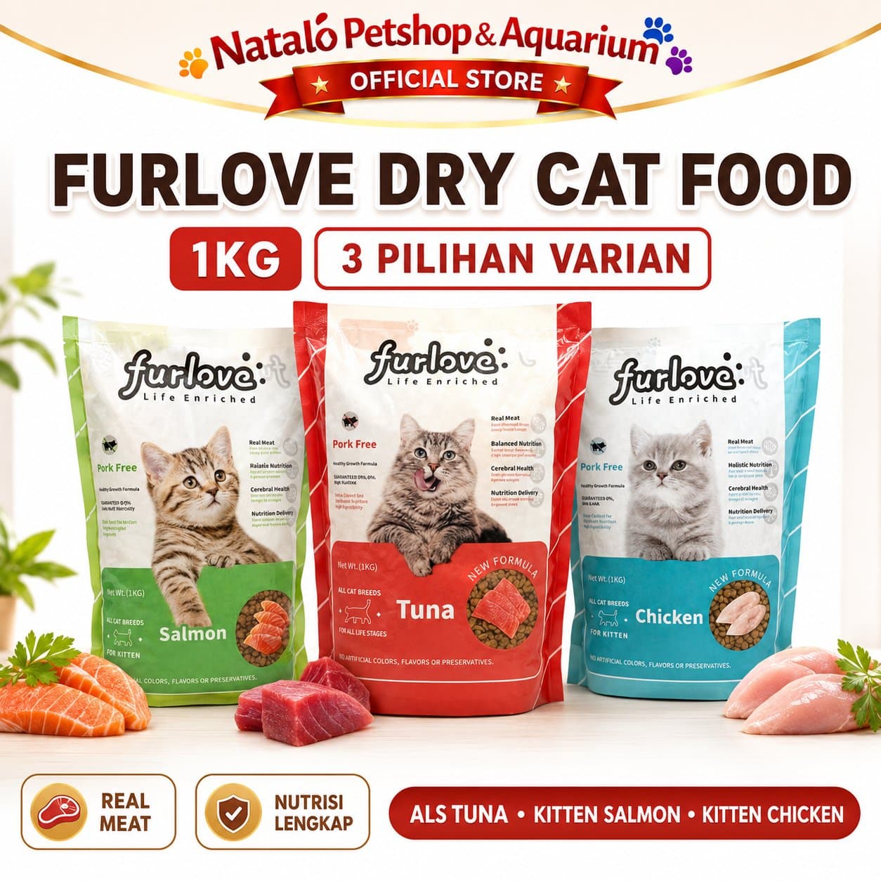 Furlove Kitten & Adult Dry Cat Food 1KG All Life Stages - Makanan Anak dan Kucing Dewasa / Semua Umur 1 KG - Tuna Salmon Chicken - gambar 1