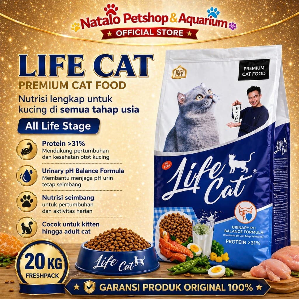 Life Cat Dry Premium Cat Food 20KG - Makanan Kering Kucing Semua Umur Lifecat Menjaga PH Urinary Stabil 20 KG - gambar 1