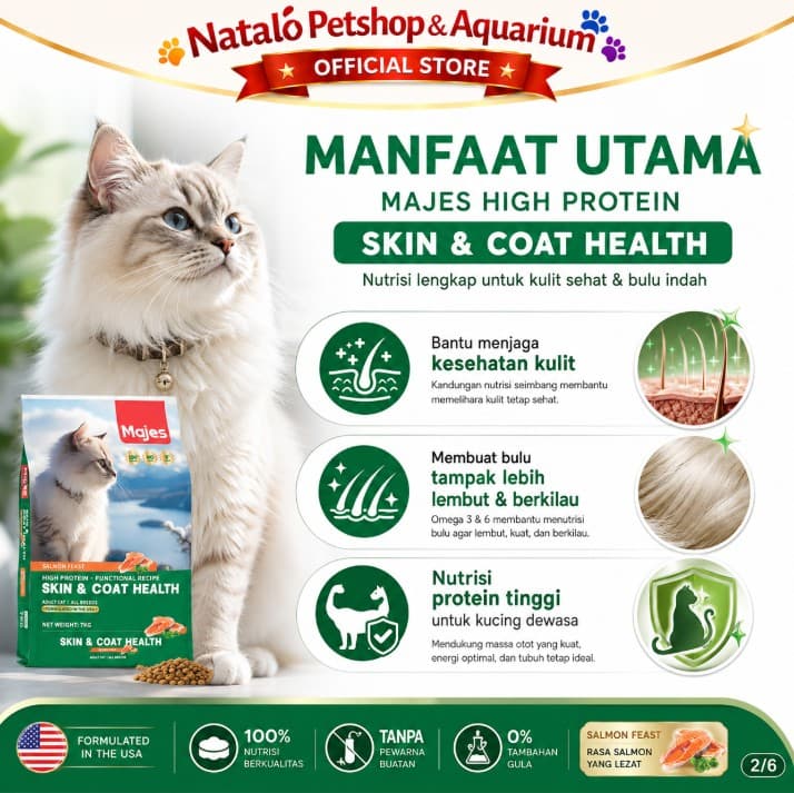 Majes High Protein Hair & Skin Care 7kg - Premium Adult Dry Cat Food Makanan Kering Kucing untuk Kesehatan bulu lebat dan kulit 7 kg Dewasa Functional Recipe - gambar 2