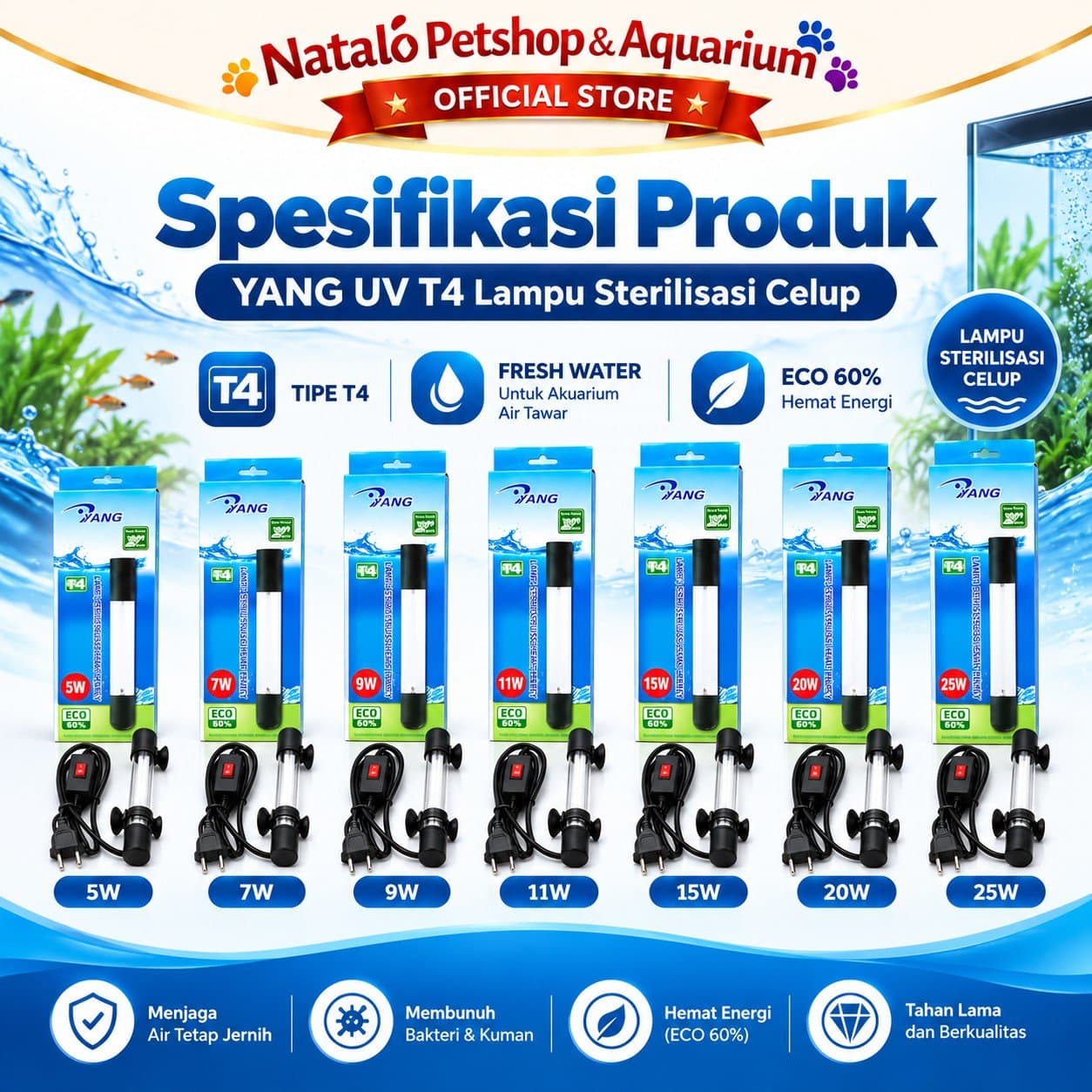 YANG T4 Lampu UV Sterilizer Celup Selam Aquarium Kolam Koi 5 Watt 7 Watt 9 Watt 11 Watt 15 Watt 20 Watt 25 Watt UV Light Ultraviolet Sterilisasi Air Anti Alga Air Hijau Aquascape Filter Kolam Ikan - gambar 4