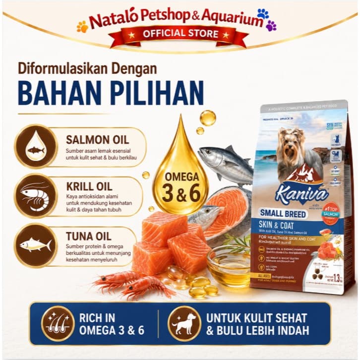 Kaniva Dog Small Breed Skin & Coat 1.3KG Dry Food - All Life Stages - Premium Dry Food / Makanan Anjing Kering Ras Kecil Mini Adult Puppy rasa Salmon Segala Usia Anak Dewasa 1.3 KG - gambar 4