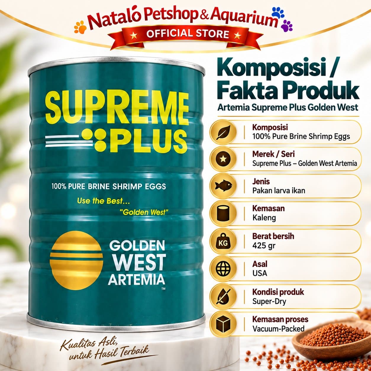 Artemia Supreme Plus 425Gr / Golden West - Makanan Pakan Udang Air Asin Berkualitas Tinggi yang Kaya Protein (63%-65%) dan sangat Ideal untuk Burayak / Larva Ikan Hias 425 GRAM - gambar 4