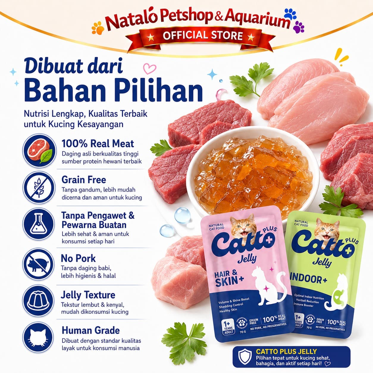 Catto Plus Jelly Anti Hairball / Hair & Skin / Indoor / Immune Booster / Urinary Adult Pouch Wet Food 70GR - Makanan Basah Saset Kucing Dewasa 70 GR - gambar 4