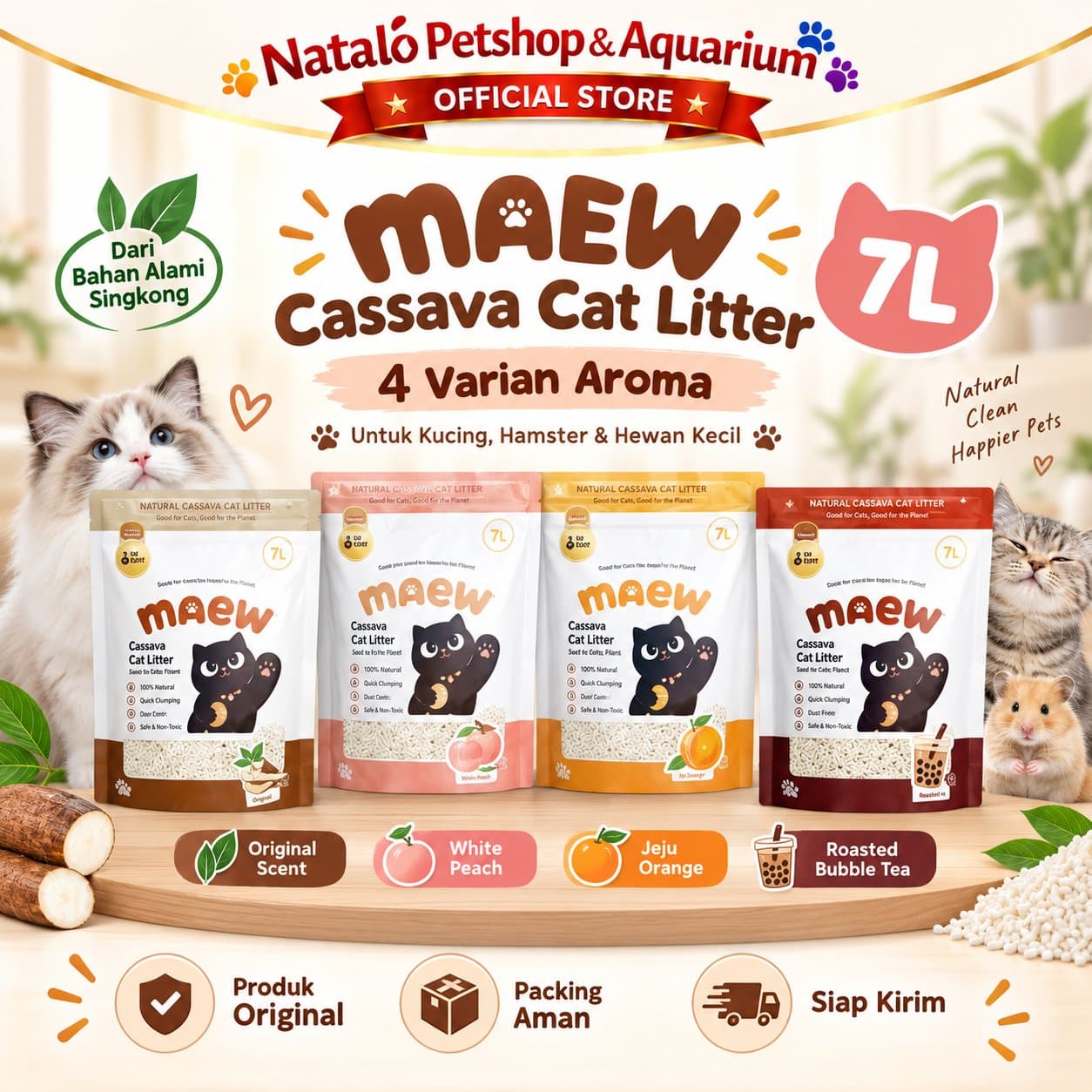 MAEW Cassava Clump Cat Litter 7LT - Pasir Kucing dari Singkong Murni Daya Serap Air Kuat - Bebas Debu 7 LT Casava Kasava Ubi Gumpal Serap Tinggi - gambar 1