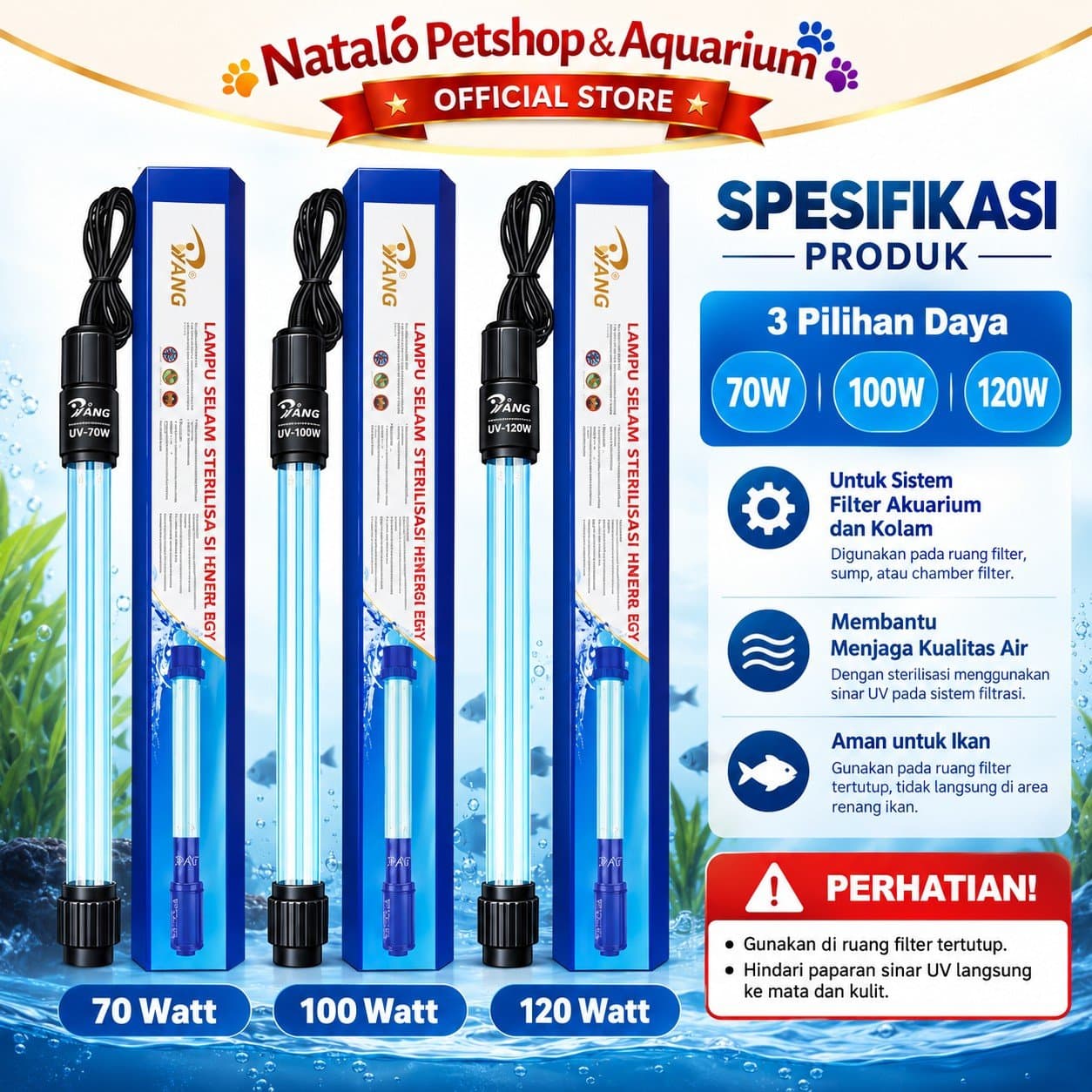 YANG Lampu UV Sterilizer Celup Kolam Koi Aquarium 70 Watt 100 Watt 120 Watt UV Light Ultraviolet Sterilisasi Air Anti Alga Air Hijau Untuk Filter Kolam Ikan - gambar 4