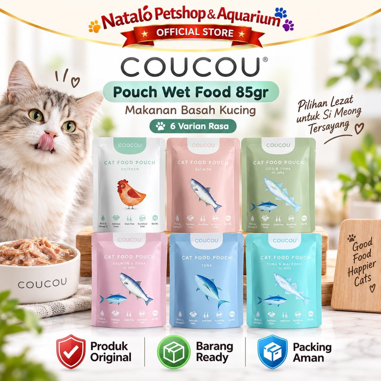 COUCOU Pouch Wet Cat food 85GR All Life Stages - Makanan Basah Saset Kucing COU COU Semua Tahap Usia 85 GR - gambar 1