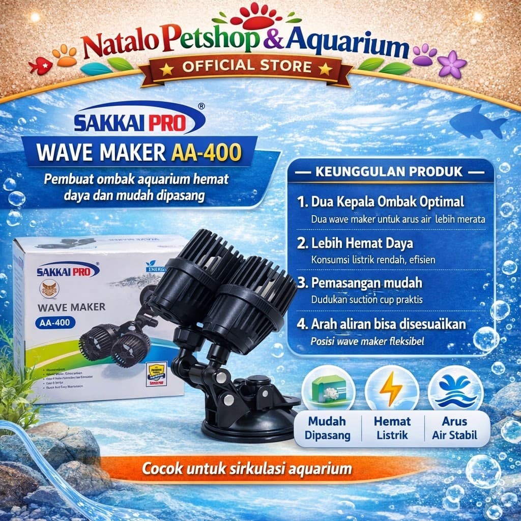 Sakkai Pro Wave Maker Double Head AA 400 - Mesin Pembuat Ombak Arus 2 Kepala Aquarium Kolam Aquascape AA-400 - gambar 1