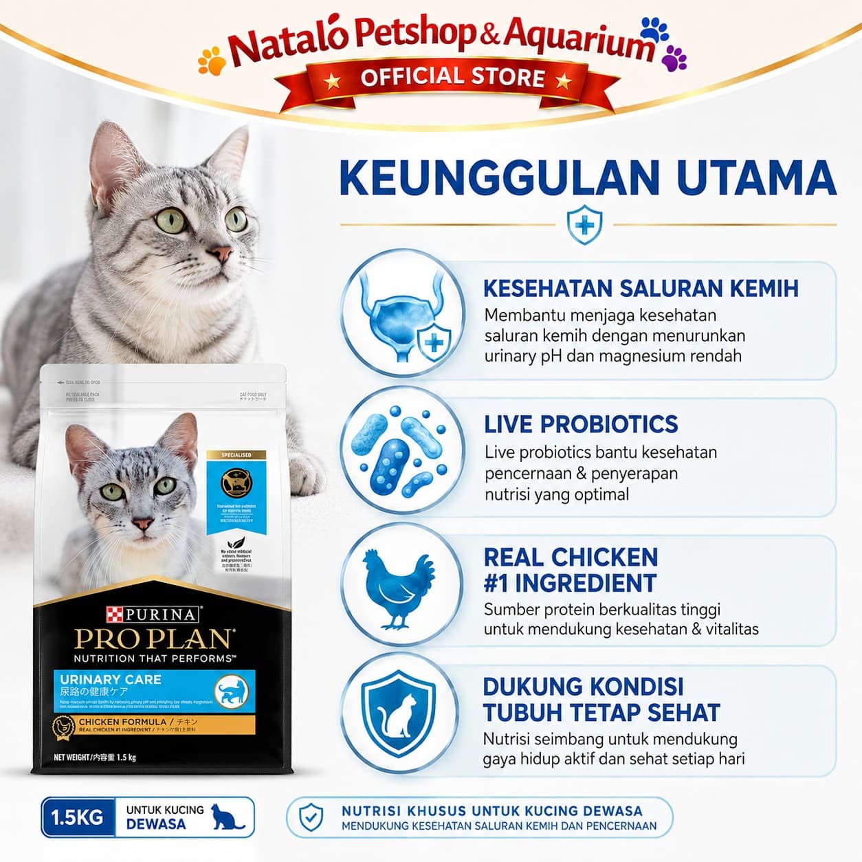 Pro Plan Urinary Care 1.5KG Chicken Adult Cat Food - Makanan Kucing Dewasa PROPLAN untuk Pencegahan FLUTD 1.5 KG - gambar 2