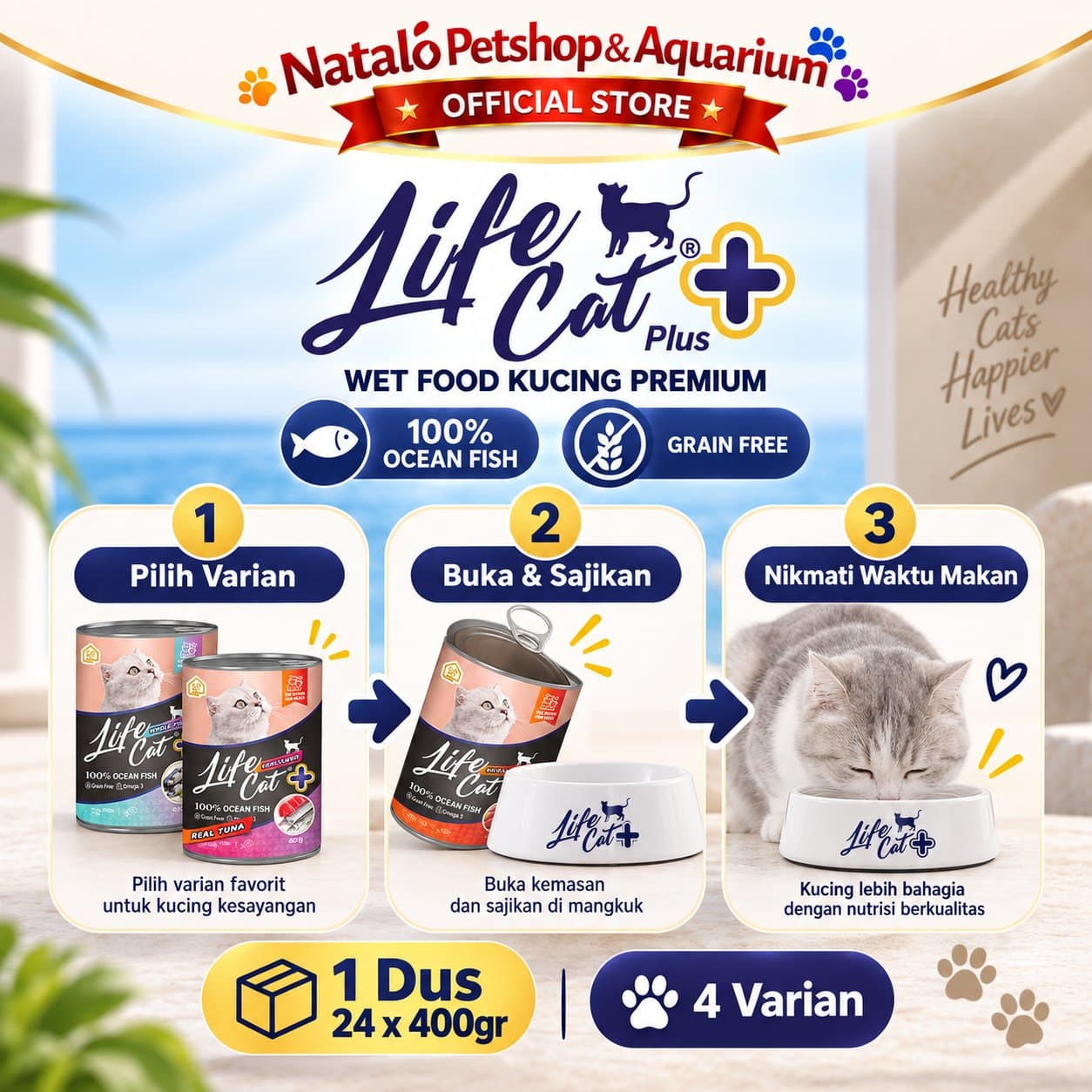 Life Cat Plus + 1 DUS (24pcs x 400gr) Wet Cat Food for Kitten & Adult - Makanan Basah Kaleng Lifecat Kucing Semua Tahap Usia / Umur - gambar 3