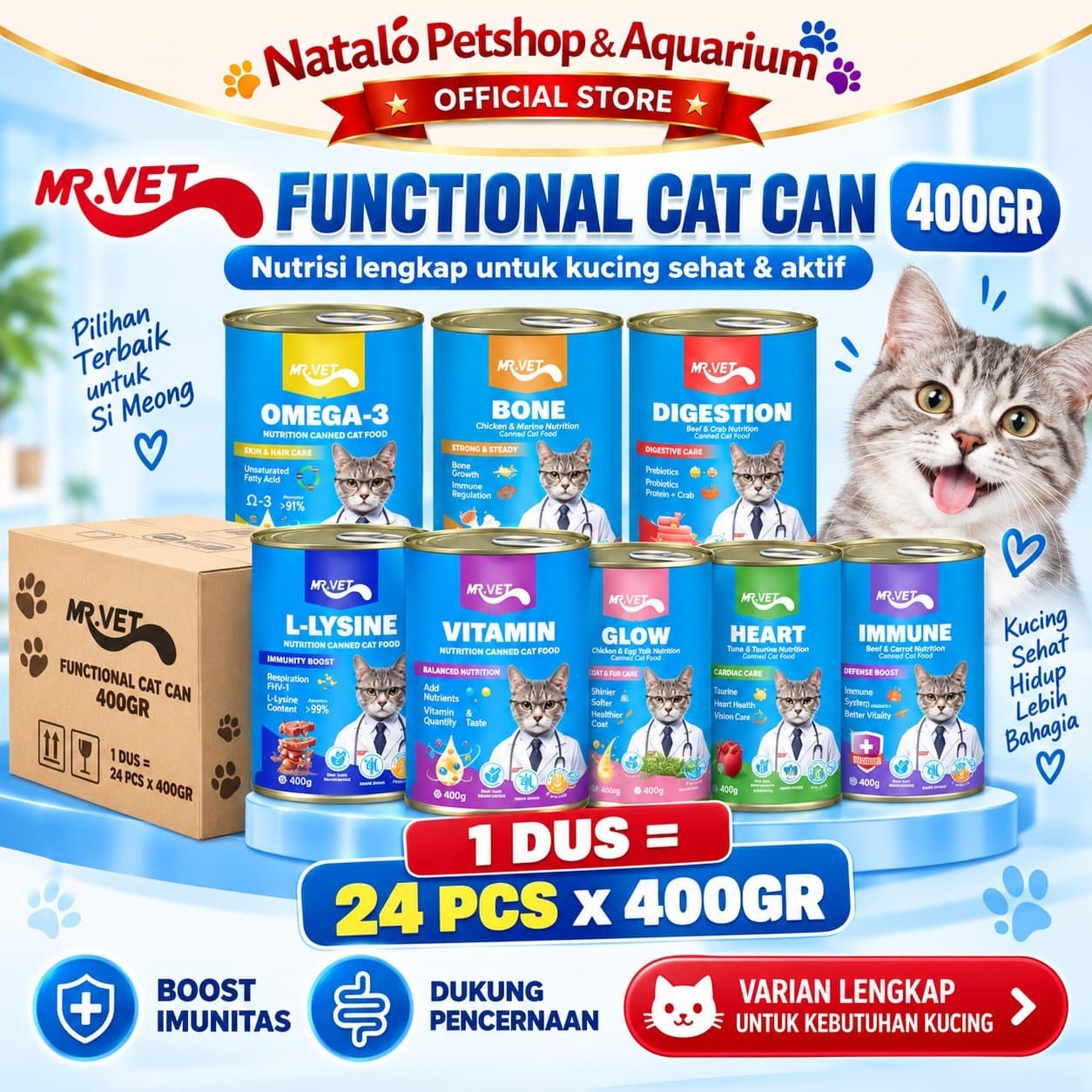 Mr. Vet Cat Can All Life Stages Functional Wet Food 1 DUS (24pcs x 400gr) - Makanan Basah Kaleng Kucing Mr.Vet Semua Tahap Usia Fungsional Kesehatan - gambar 1