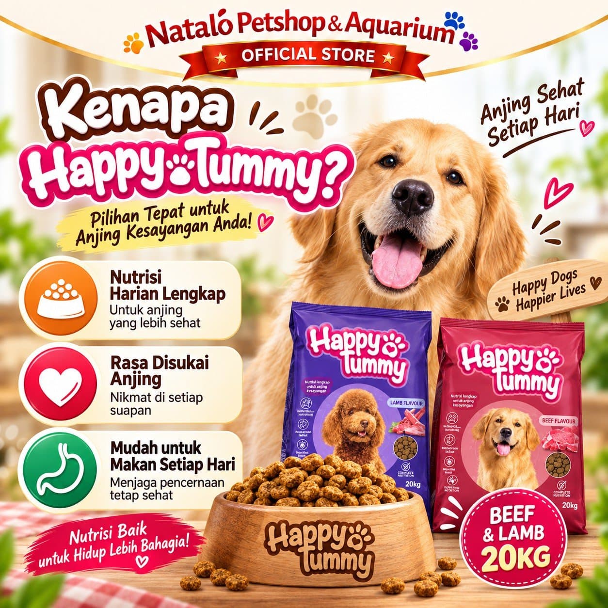 Happy Tummy Dog 20KG - Adult Dry Dog Food Beef or Lamb - Makanan Kering Anjing Dewasa Ekonomis 20 KG - gambar 2