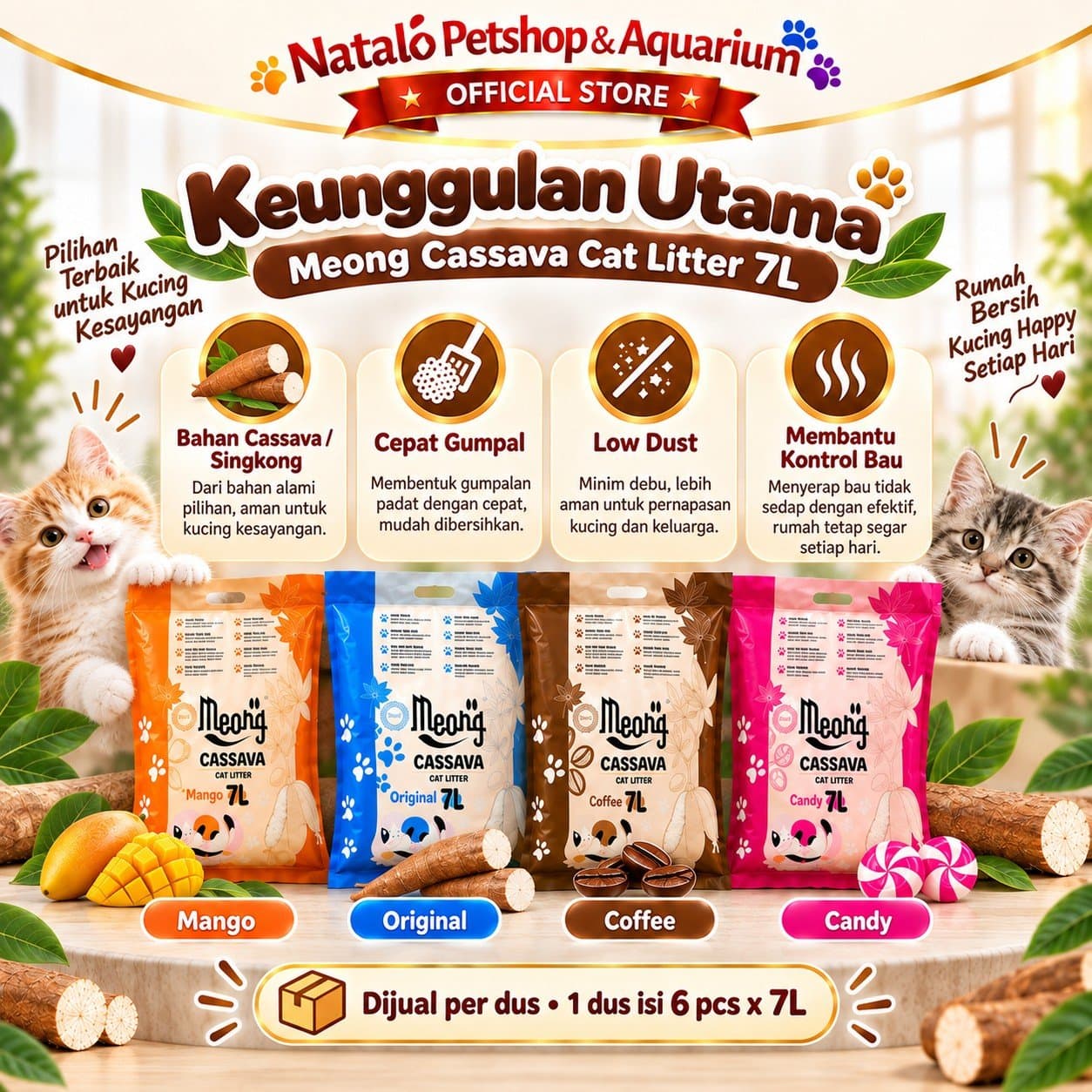 Meong Cassava Cat Litter 1 DUS (6pcs x 7LT) Pasir Kucing 7 L Singkong Organik Cepat Gumpal Low Dust Kontrol Bau Wangi Original Coffee Mango Candy - gambar 2