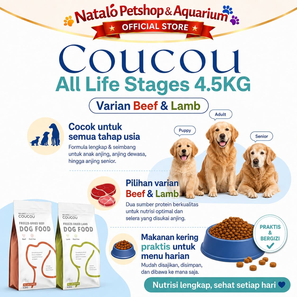 COUCOU Freeze Dried Raw Dog Food Lamb / Beef 4.5KG All Life Stages - Makanan Anjing Kering Cou Cou Rasa Domba / Sapi Semua Umur 4.5 KG - gambar 2