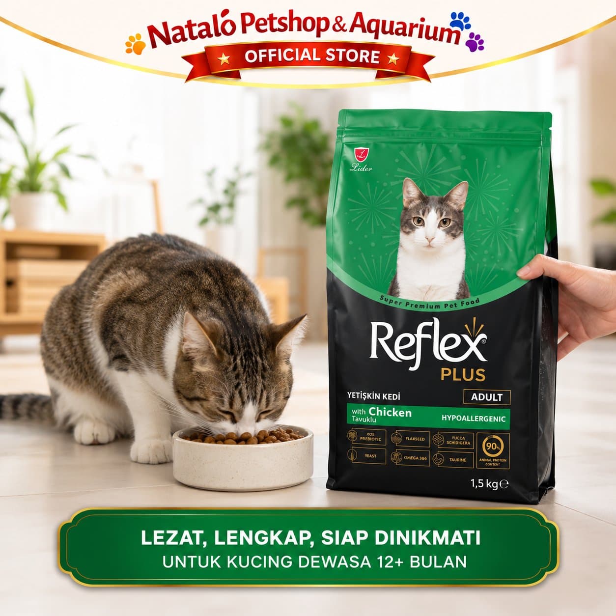 Reflex Plus Adult Cat Chicken 1.5KG - Makanan Kucing Kering Dewasa / Super Premium Cat Food / Pelet rasa Ayam / Imun Sehat / Baik untuk Pencernaan - gambar 5
