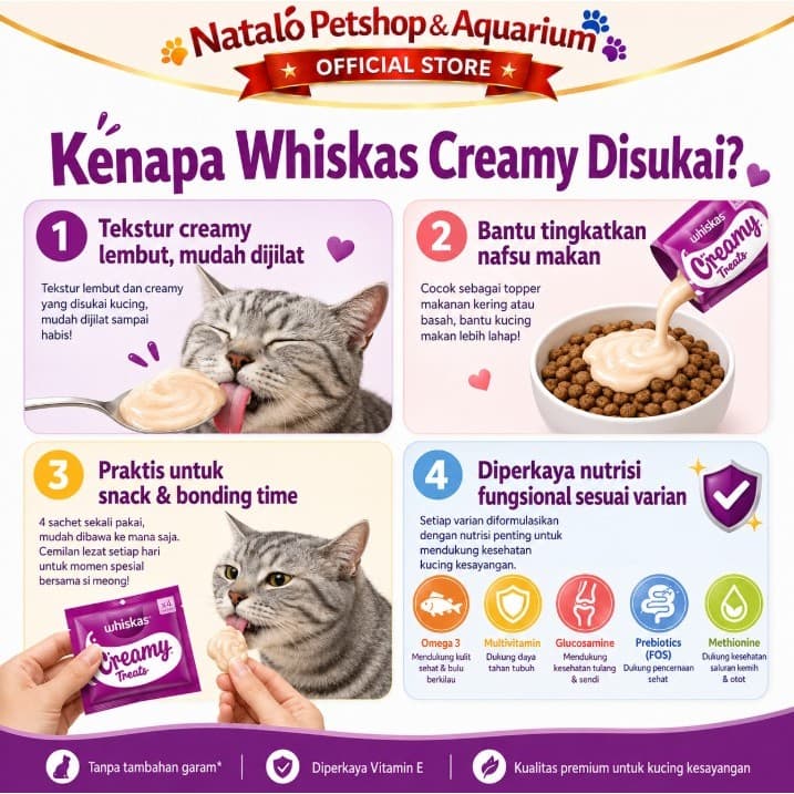 Whiskas Creamy Treats 48gr (12gr x 4pcs) Cat Snack Lickable Liquid Treat Snack Jilat Jajanan Kucing All Life Stages Dewasa Anak 48 gr 4 pcs x 12 gr Cemilan Kitten Adult Camilan - gambar 2