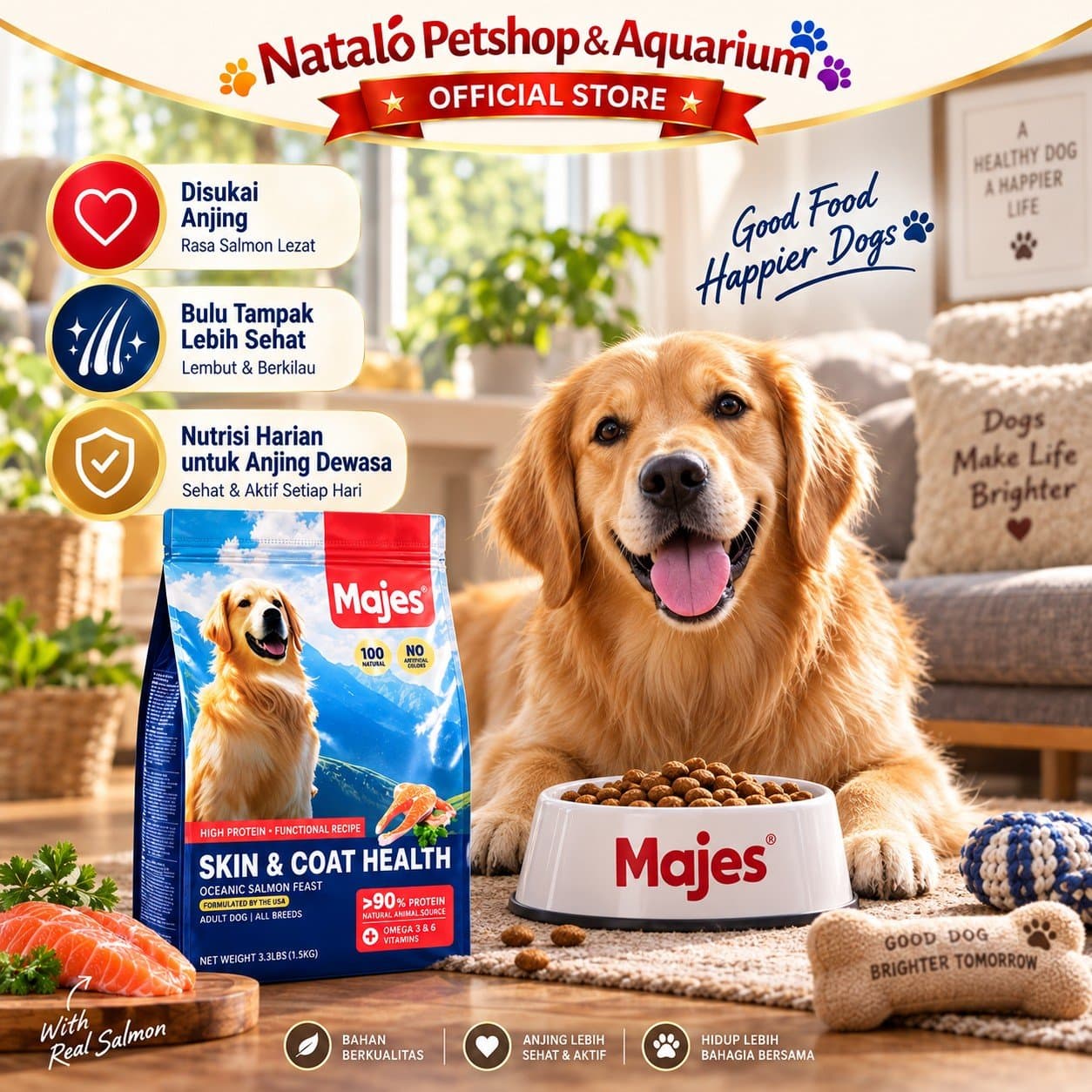 MAJES High Protein Skin & Coat Health Oceanic Salmon Feast Adult Dry Dog Food 500GR / 1.5KG All Breeds - Hair Skin Care - Makanan Kucing Dewasa untuk Kesehatan Bulu dan Kulit 500 GR / 1.5 KG - gambar 5