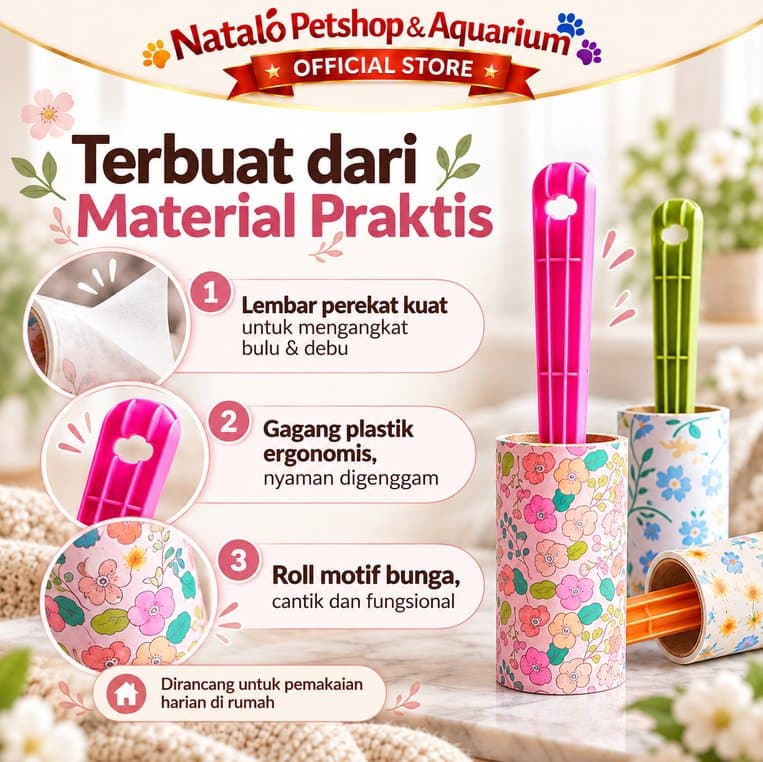 Lint Roller Stick Motif Bunga 60PLY Pembersih Bulu Kucing Anjing Debu Pakaian Sofa Kasur Roll Perekat - gambar 4