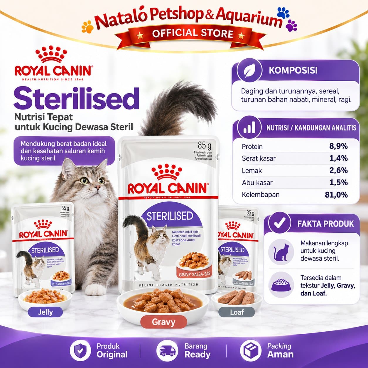 Royal Canin Sterilised 85GR Pouch Adult Wet Cat Food Sterilized Gravy Jelly Loaf - Makanan Basah Saset Kucing Dewasa 85 GR - gambar 4