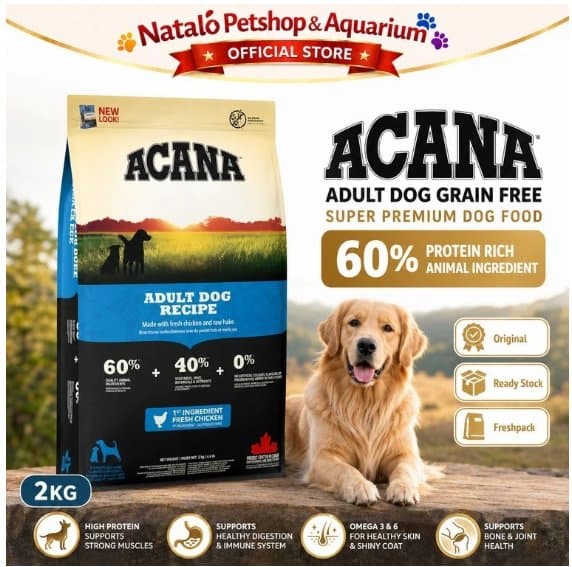 Acana Adult Dog Recipe 2KG Grain Free Super Premium Dry Dog Food - Medium Large Breed Makanan Kering Anjing Dewasa Ras Sedang Besar Tinggi Protein - High Protein 2 KG