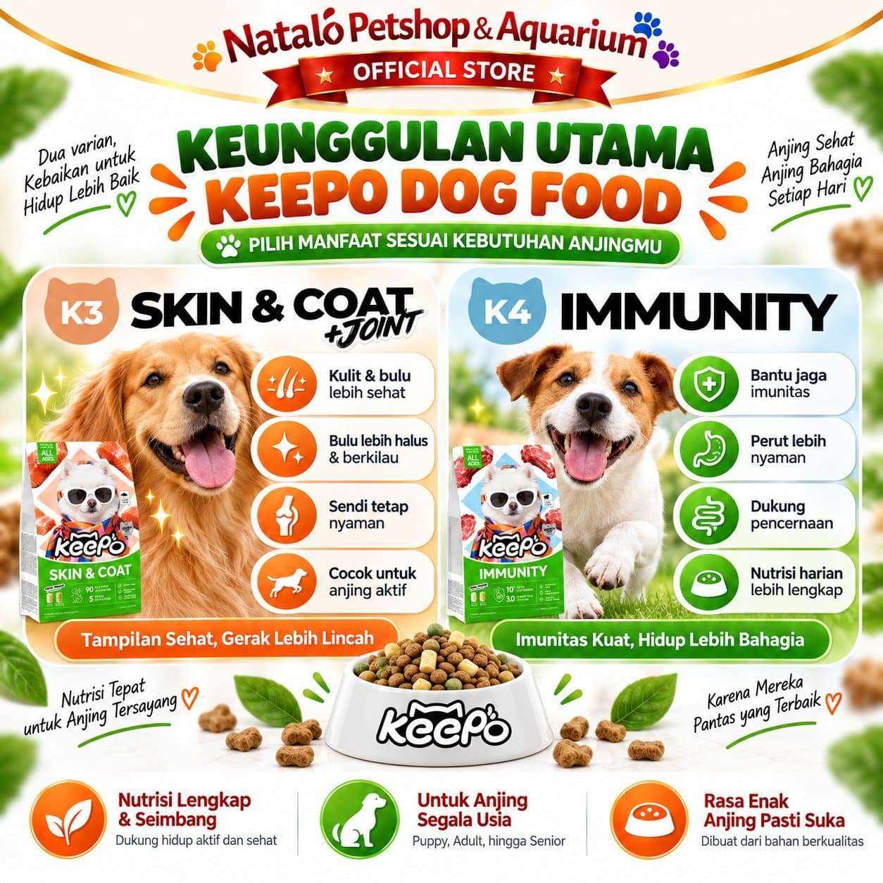 Keepo K3 Skin & Coat / K4 Immunity 1KG All Life Stages Dry Dog Food - Makanan Anjing Semua Tahap Usia / Umur untuk Kesehatan Bulu dan Kulit / Jaga Imunitas 1 KG Salmon Lamb - gambar 3