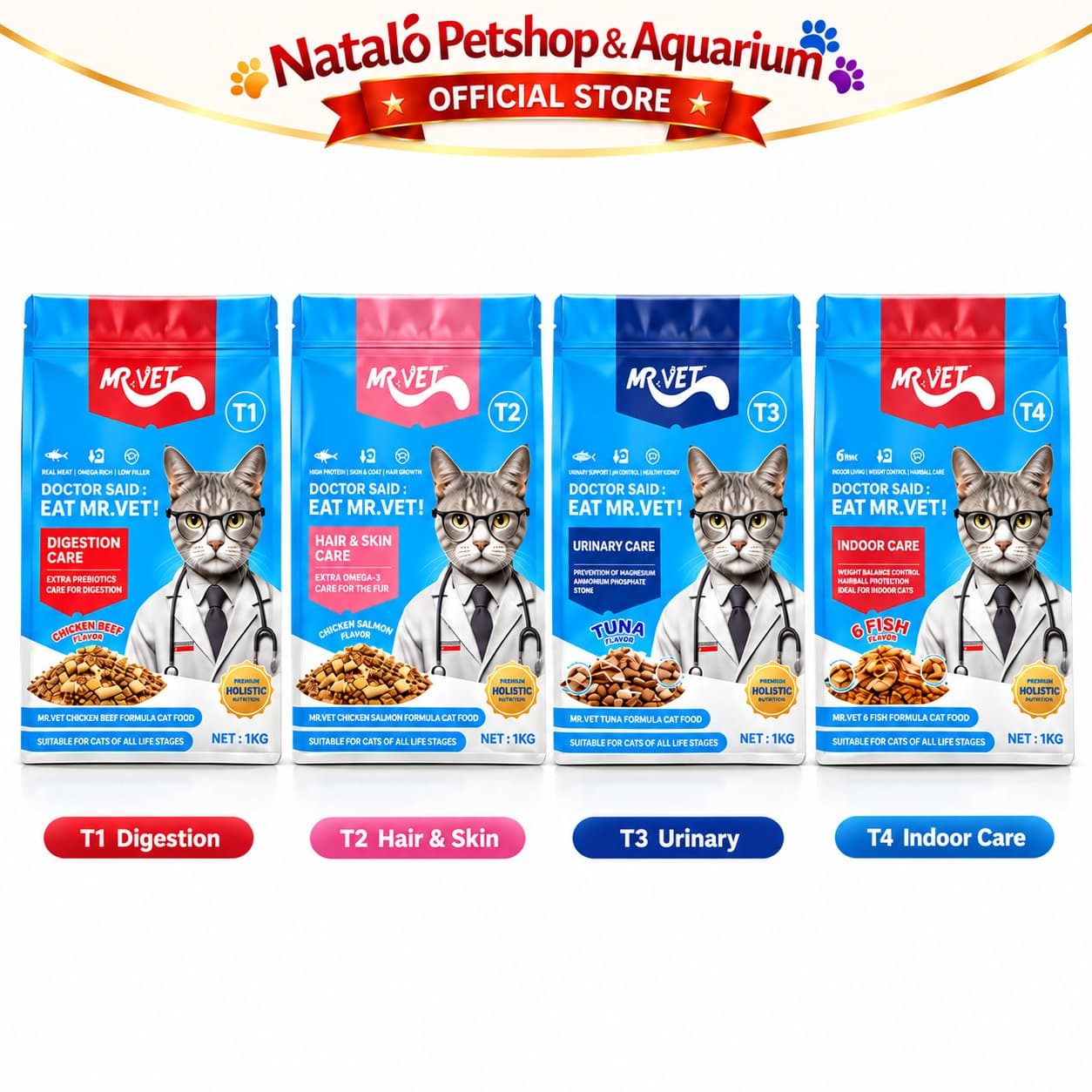 Mr. Vet T1 Digestion / T2 Hair & Skin / T3 Urinary / T4 Cat Indoor Care 1KG Functional All Life Stages Dry Cat Food - Makanan Kucing Mr.Vet Semua Tahap Usia Fungsional 1 KG - gambar 6