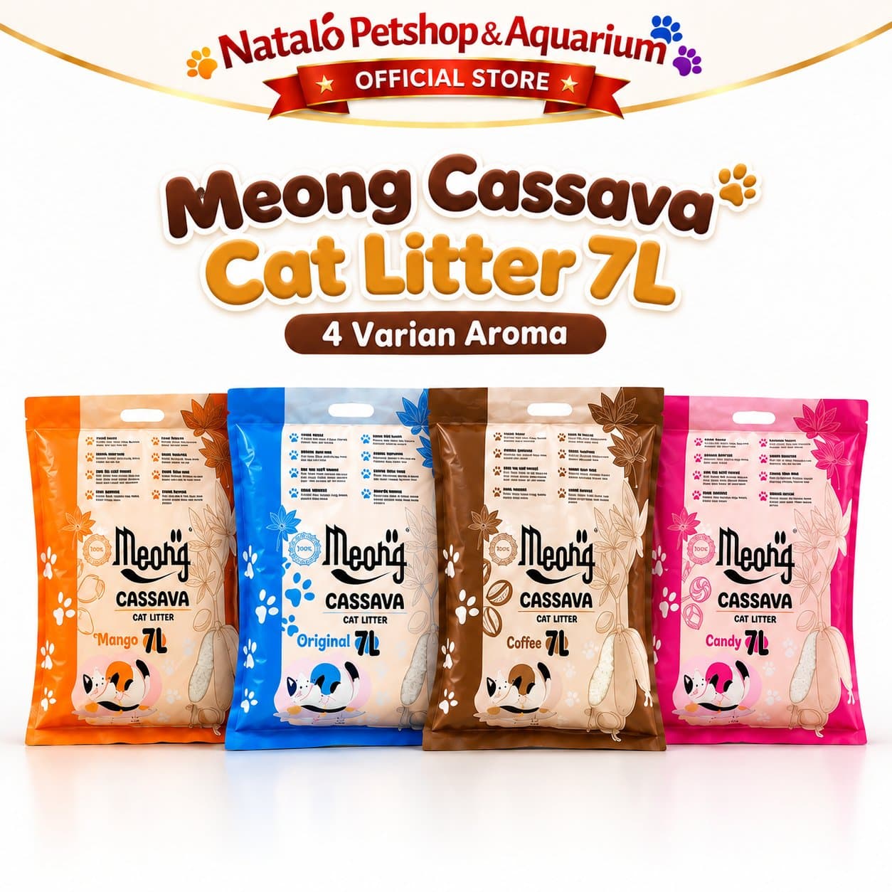 Meong Cassava Cat Litter 7L Pasir Kucing Singkong Organik Cepat Gumpal Low Dust Kontrol Bau Wangi Original Coffee Mango Candy - gambar 6