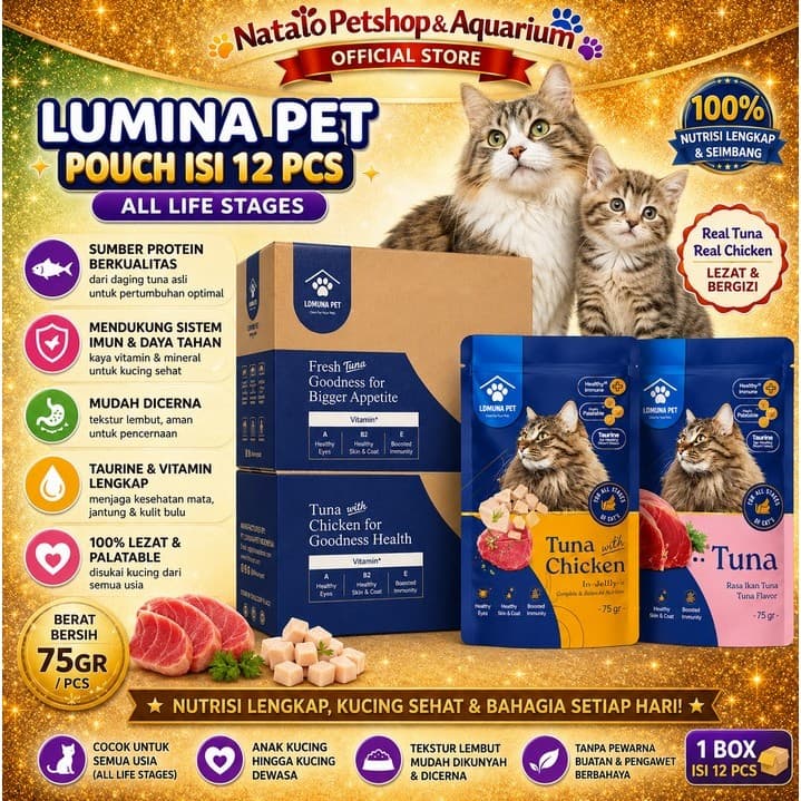 Lumina Pet Pouch 75GR per BOX isi 12 pcs - Wet Cat Food All Life Stages 75 gr / Makanan Basah Kucing Segala Semua Usia Umur Tuna Chicken Saset Sachet - gambar 1